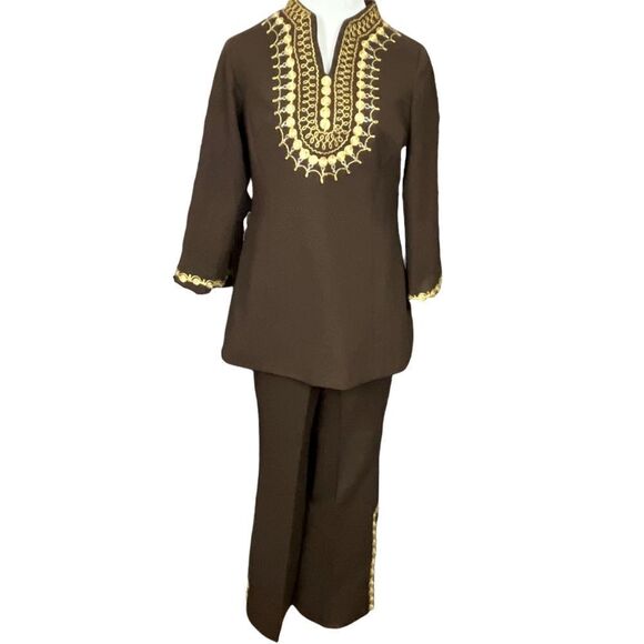 60’s/ 70’s Brown and Gold Tunic and Pants Suit Ornate Gold Trim S/M - Picture 3 of 14